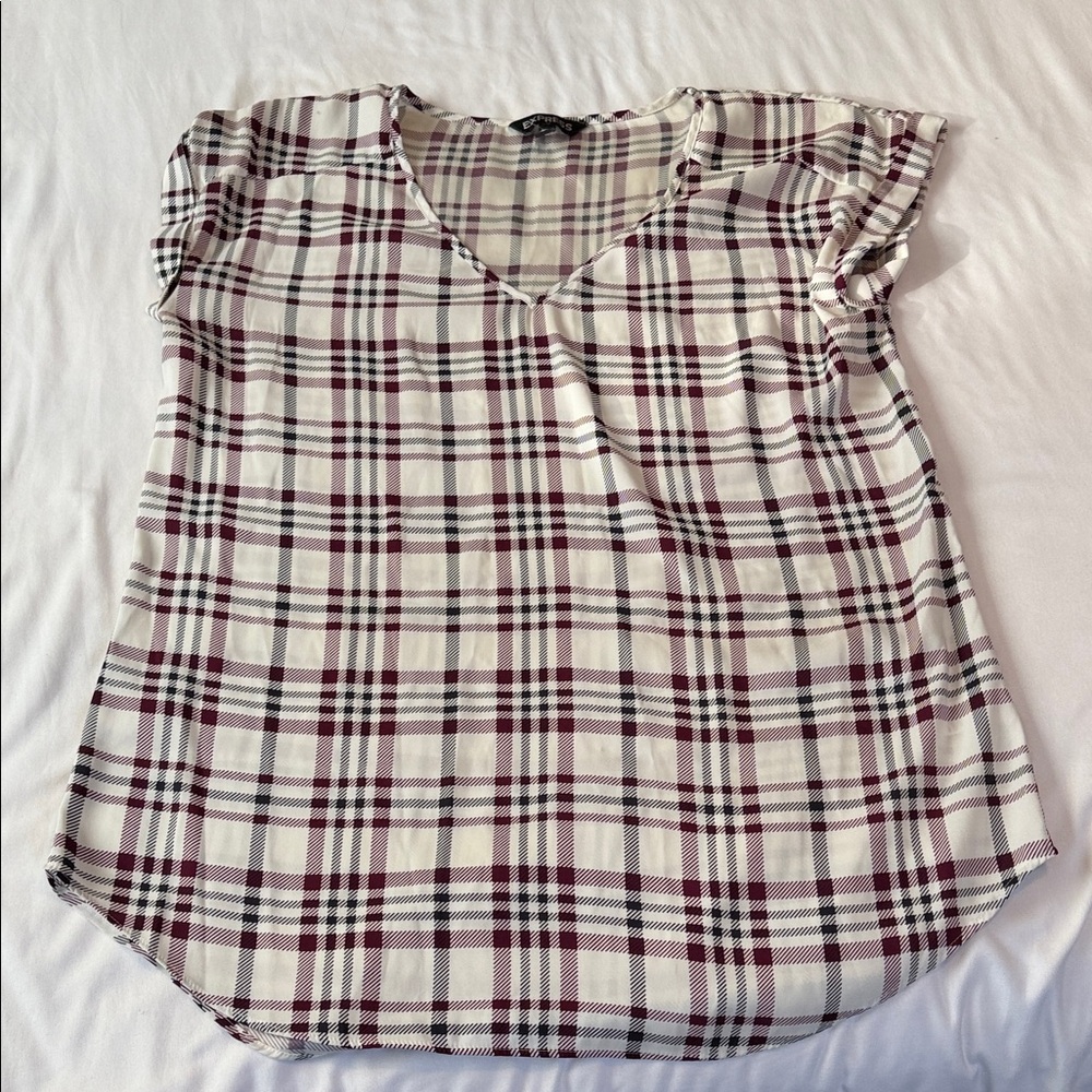 Express Burgundy Plaid V-Neck Blouse